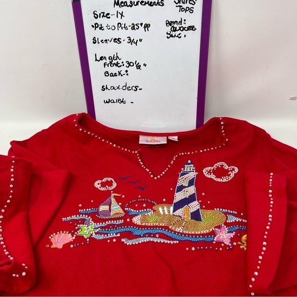 Quacker Factory Red Sequined Beaded Lighthouse Sailboat 3/4 Sleeve Cotton Top 1X - Picture 6 of 12
